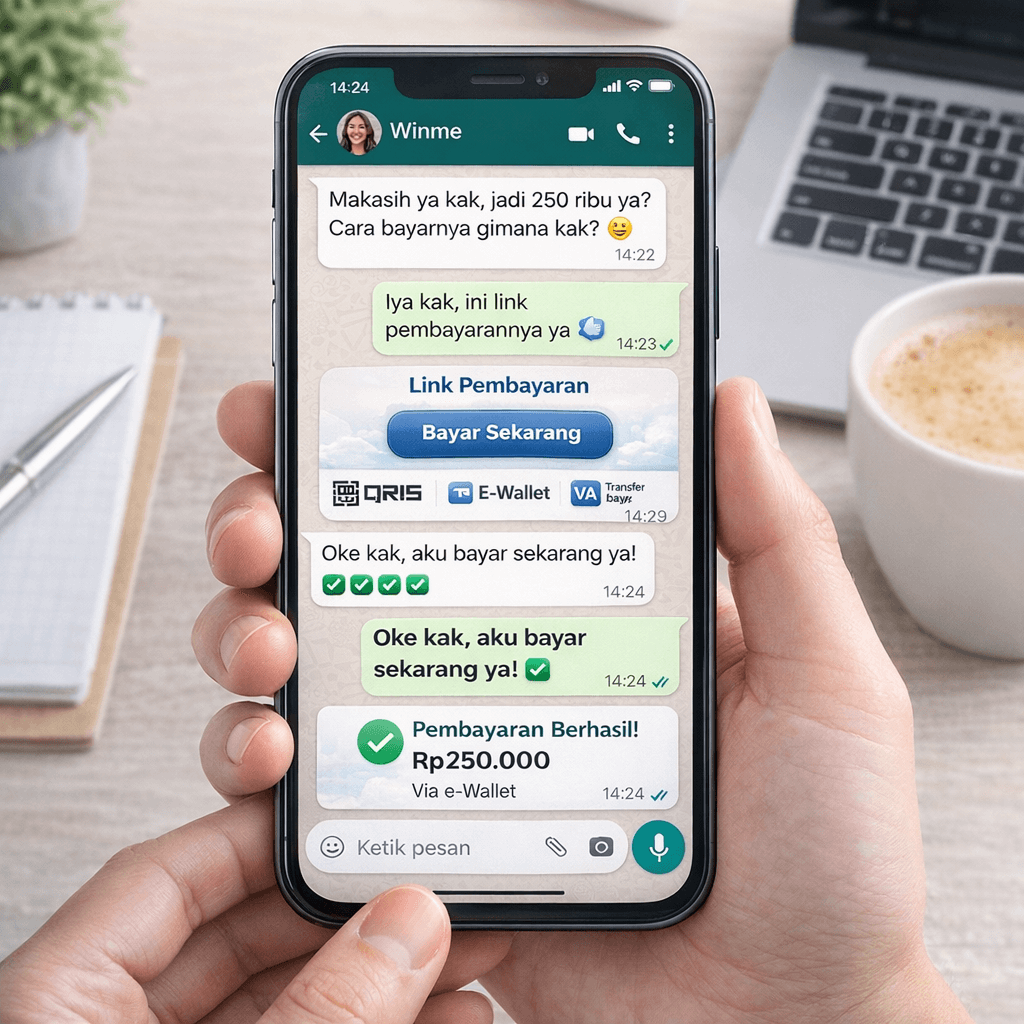 Simulasi chat pelanggan dengan link pembayaran Winme
