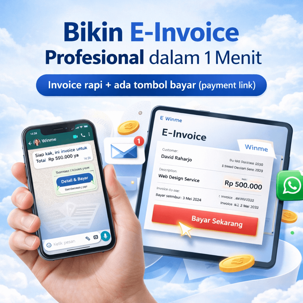 Simulasi chat kirim E-Invoice Winme dengan tombol bayar